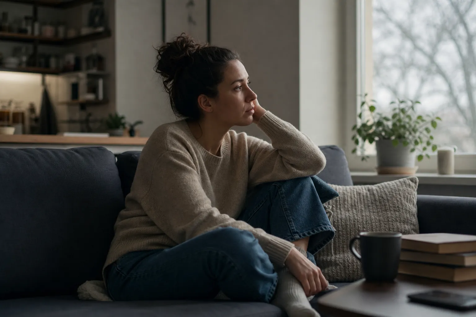 Woman seated beside a window looking outside Woman seated beside a window looking outside