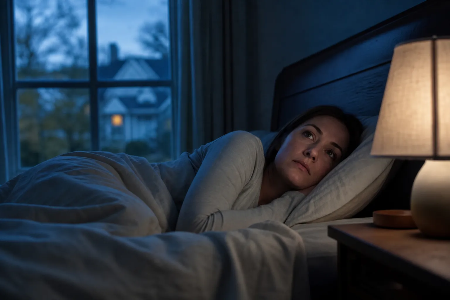 Woman Lying Awake Beside a Bedside Lamp A woman lies awake on her side under blankets beside a lit bedside lamp, with blue twilight visible through the window.