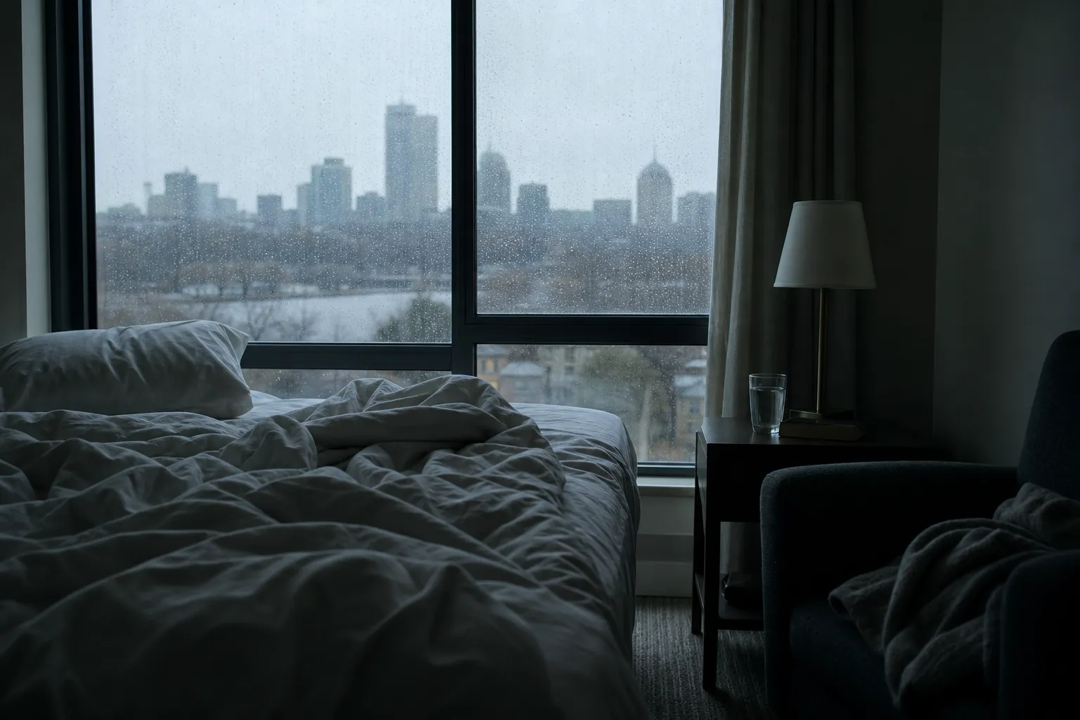 Unmade bed in a dim room