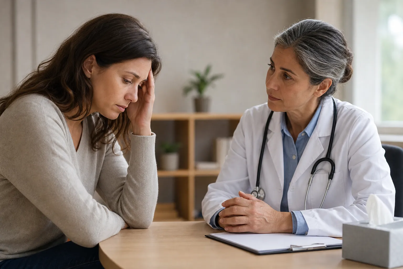 A woman rests her hand against her forehead while a doctor with a stethoscope listens across a desk.