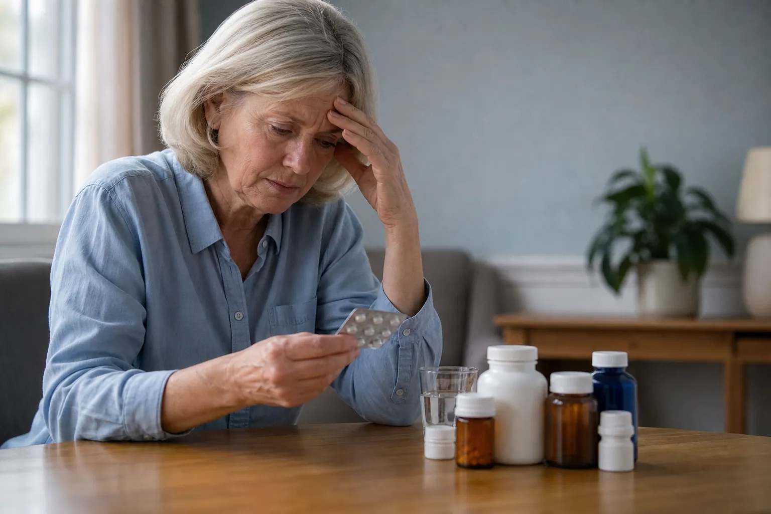 An older woman holds a blister pack of pills with one hand on her forehead, beside medicine bottles and a glass of water.