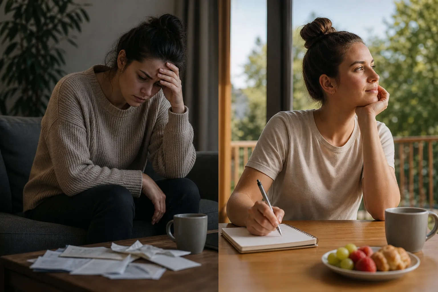 Contrasting Worry and Calm in Two Everyday Scenes Side-by-side scenes show a worried woman holding her forehead and a relaxed woman writing in a notebook beside a window.