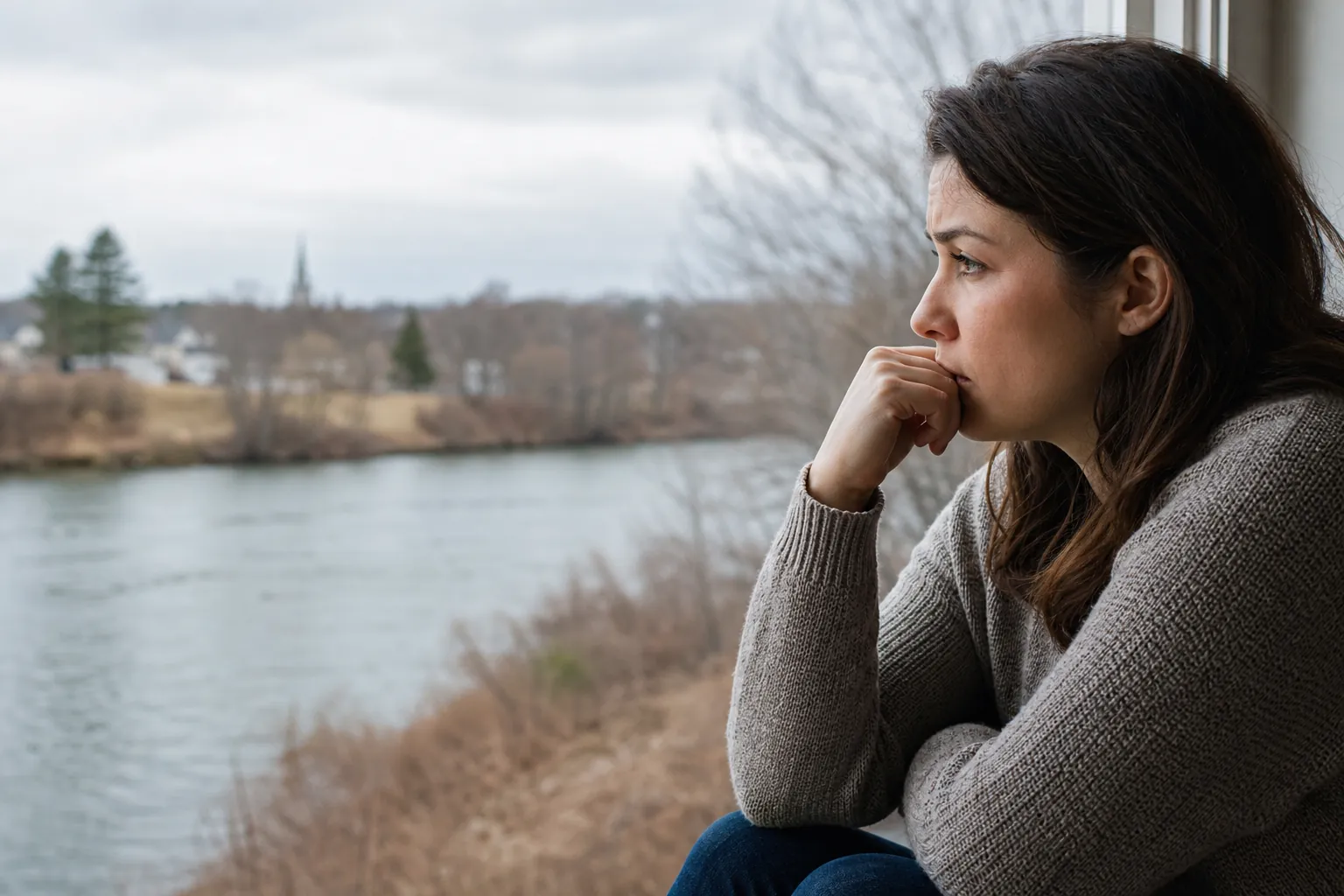 Pensive Woman Looking Out a Window at a River A woman in a gray sweater rests her hand against her mouth while gazing through a window overlooking a river.