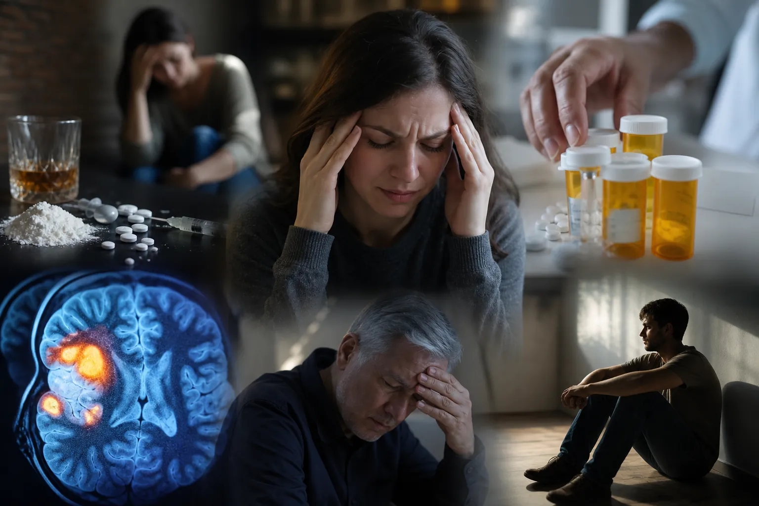 Distressed People, Substances, and a Brain Scan Collage of distressed people, prescription bottles, pills, alcohol, white powder, a syringe, and a brain scan.