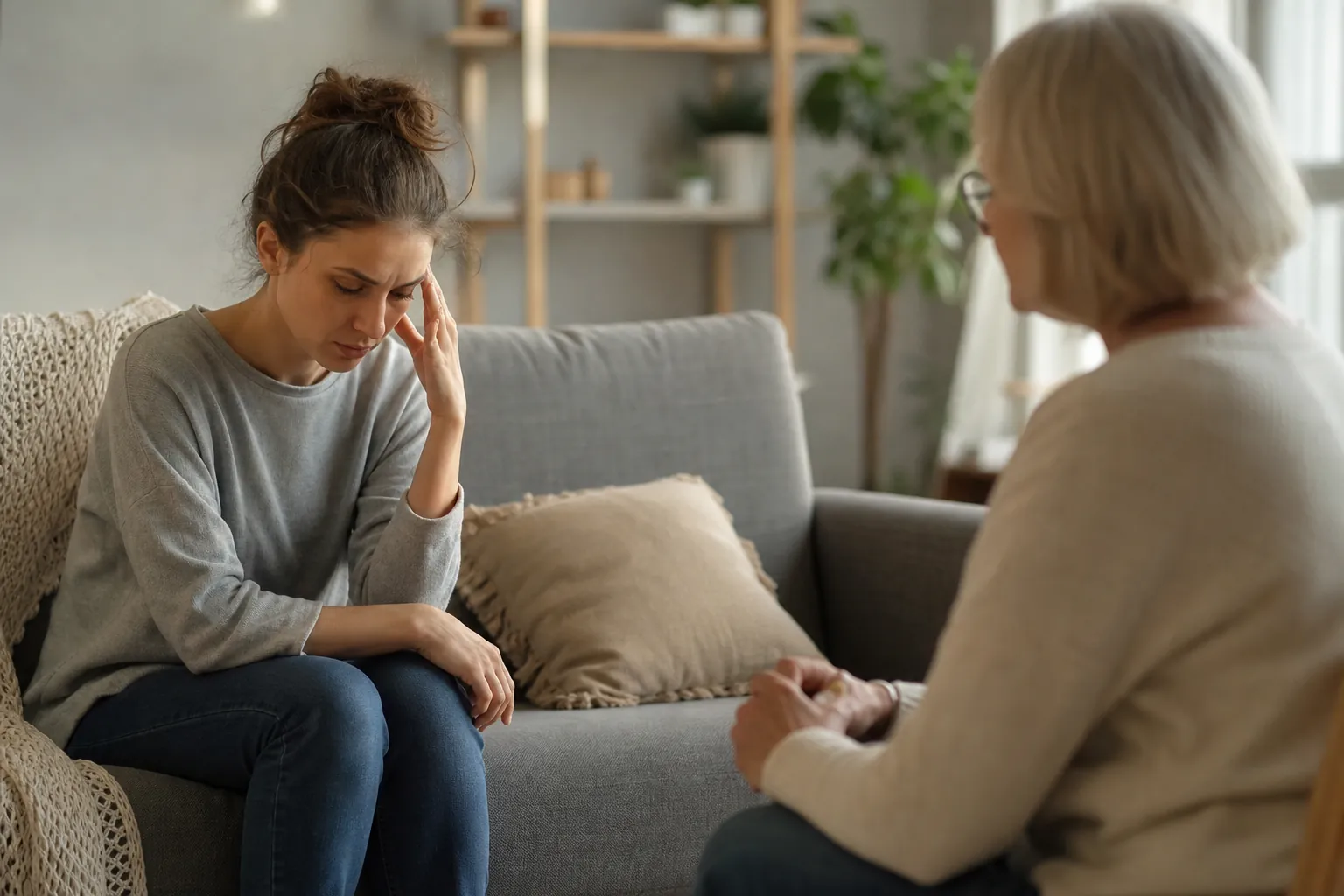 Distressed Woman Talking With an Older Woman A distressed young woman holds her temple while seated on a gray sofa, facing an older woman wearing glasses.