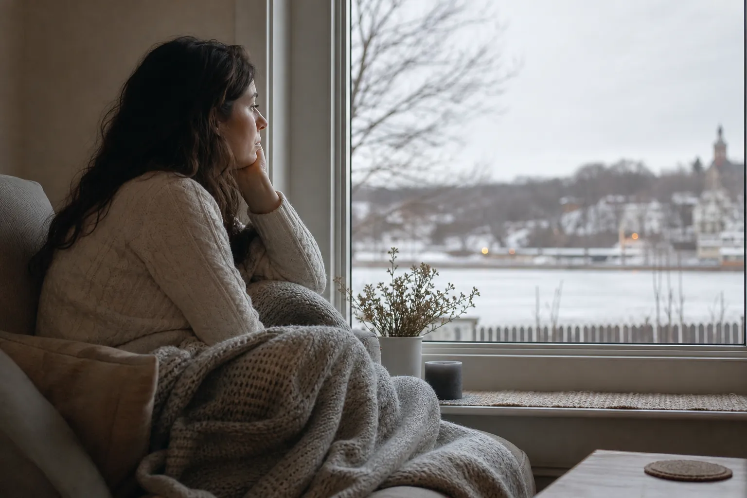 A woman wrapped in a knitted blanket rests her chin on her hand, looking through a window at a snowy waterfront.