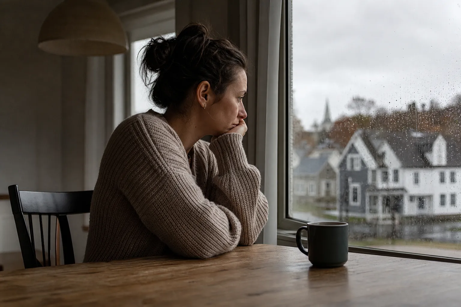 A woman in a knit sweater rests her chin on her hand beside a rain-speckled window, with a dark mug on the wooden table.