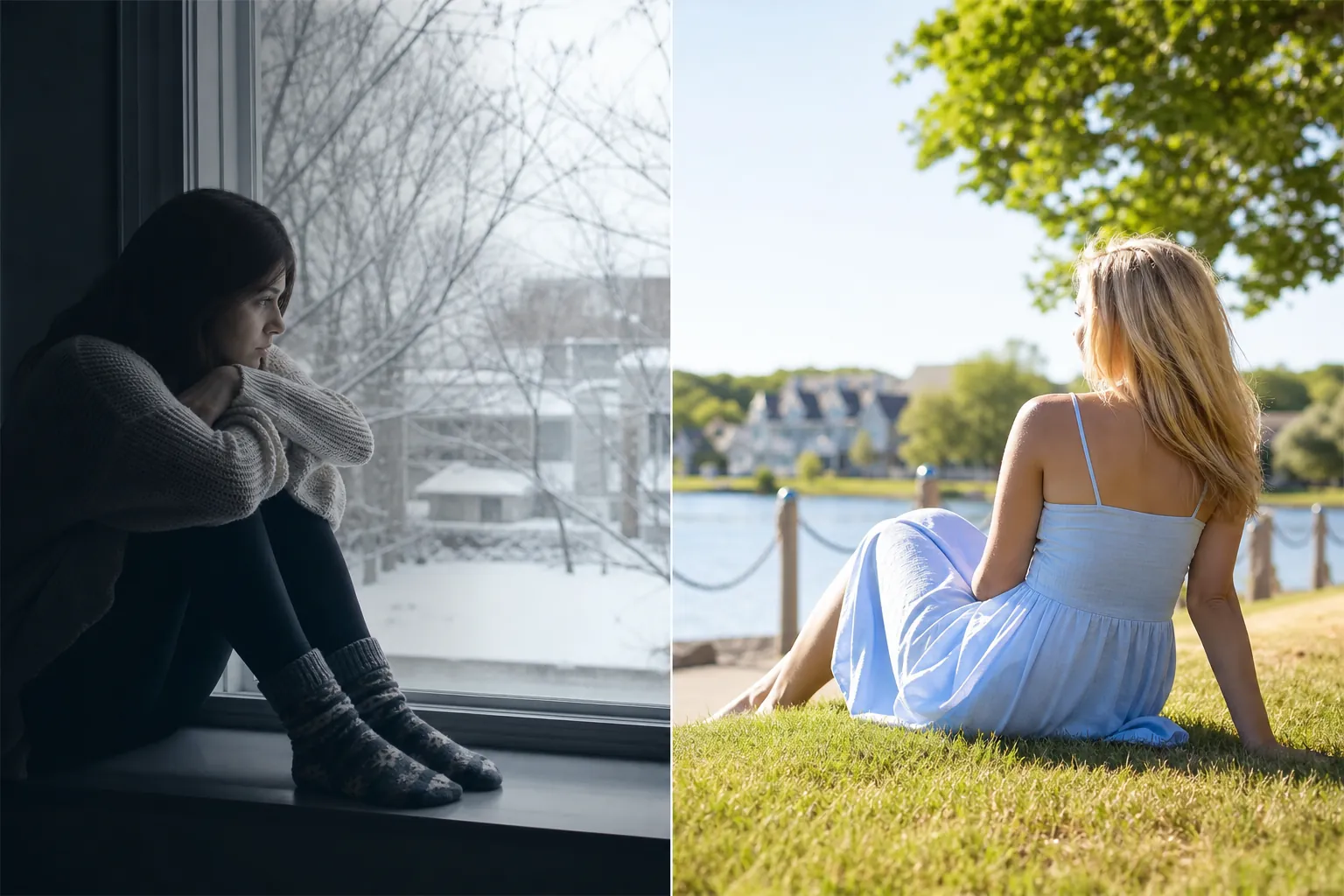 Split view of a woman curled up beside a snowy window and a woman in a blue dress sitting on grass beside water in summer.