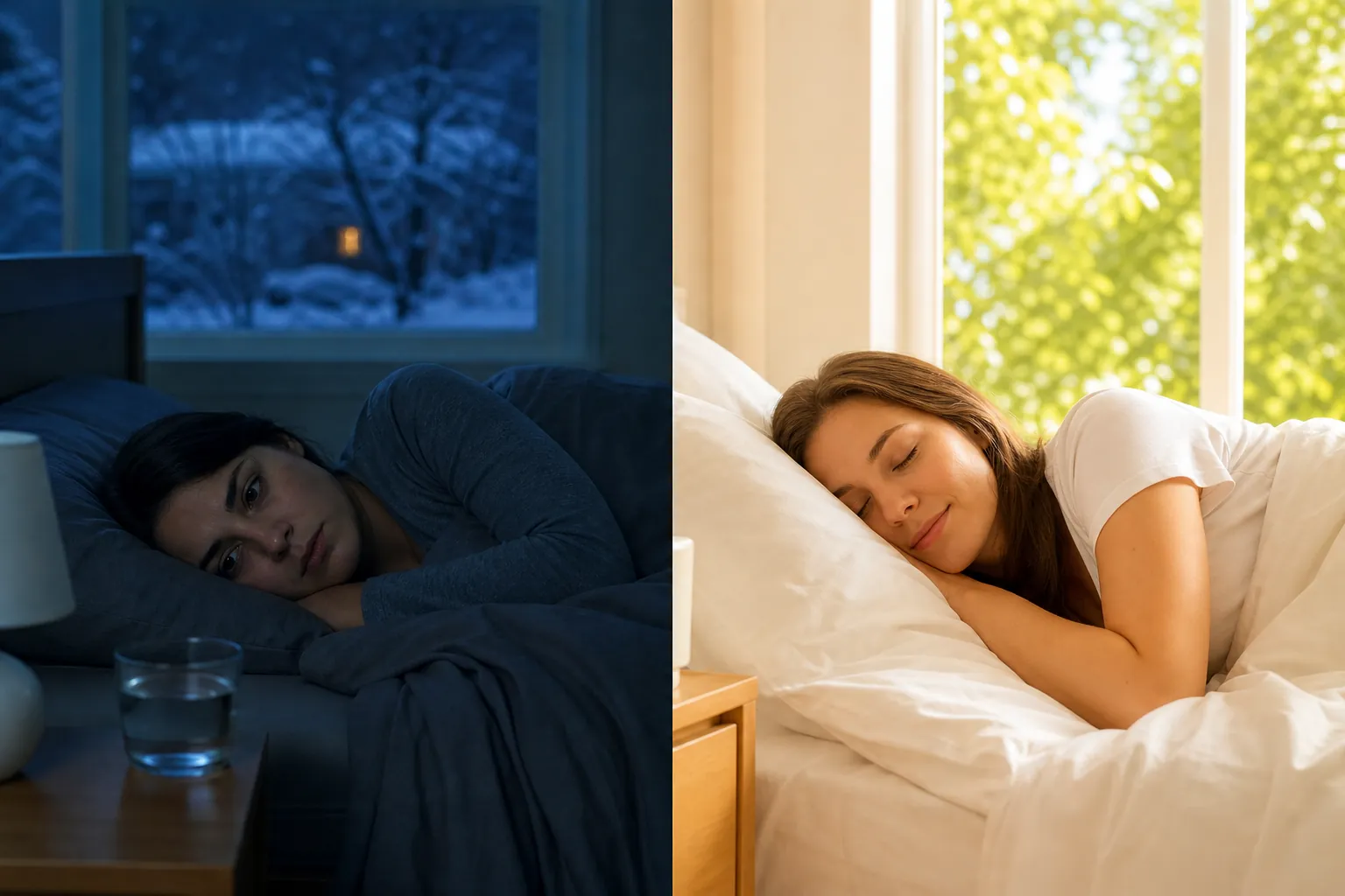 Split scene shows a woman awake in a dark bedroom with snow outside and a woman asleep beside a bright window with green foliage.
