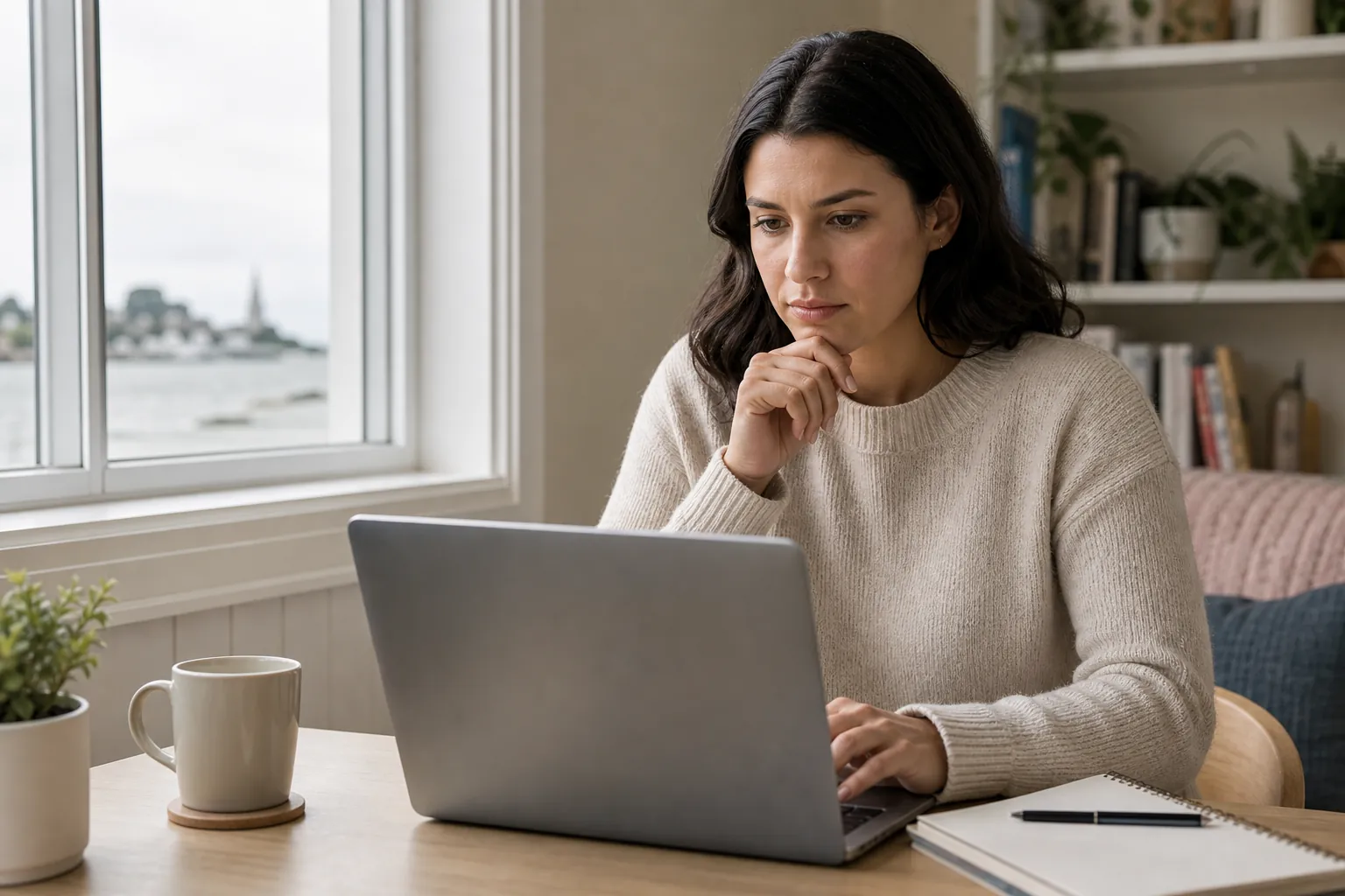 Woman thoughtfully reviewing information on a laptop at a table beside a mug, notebook, and window.