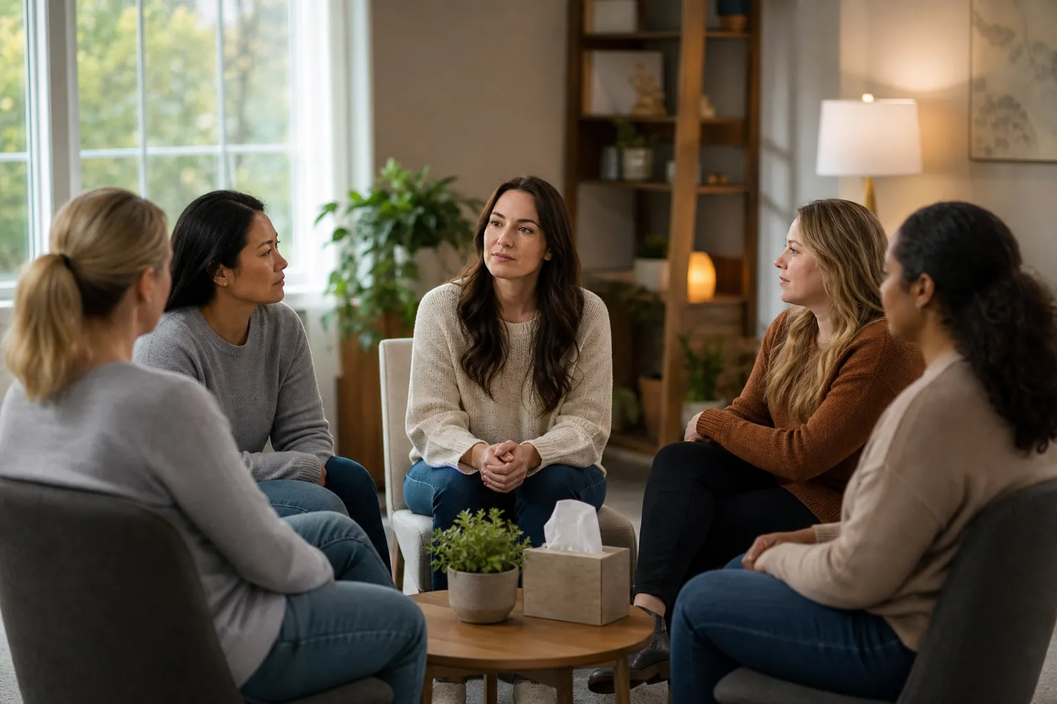 Five women sit in a circle for a supportive group discussion in a comfortable, softly lit room.