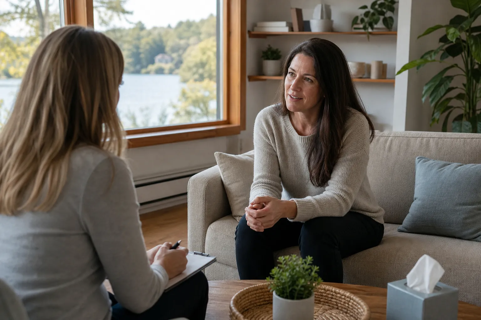 Woman Speaking With a Counselor in a Lakeside Room A woman speaks with a female counselor taking notes in a comfortable room overlooking a lake.