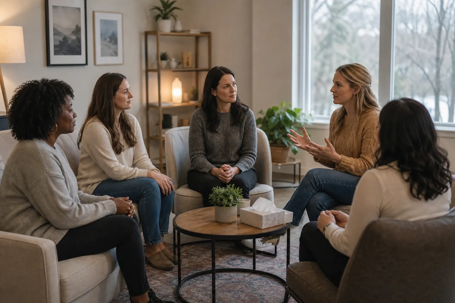 Women Participating in a Supportive Group Discussion Five women seated in a comfortable living room participate in a supportive group discussion.