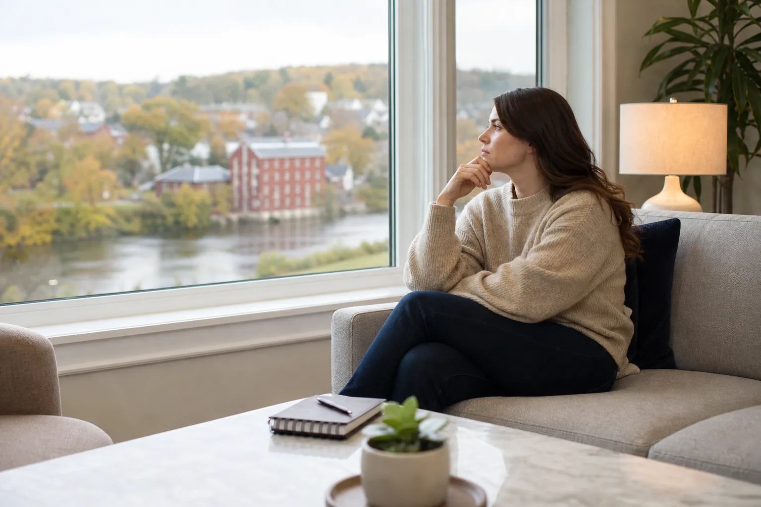 A woman sits thoughtfully on a gray sofa beside a large window overlooking a river, with a notebook on the coffee table.