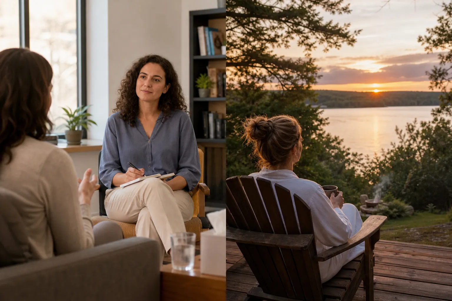 Split scene comparing a woman in a therapy session with a woman relaxing in a wooden chair overlooking a lake at sunset.