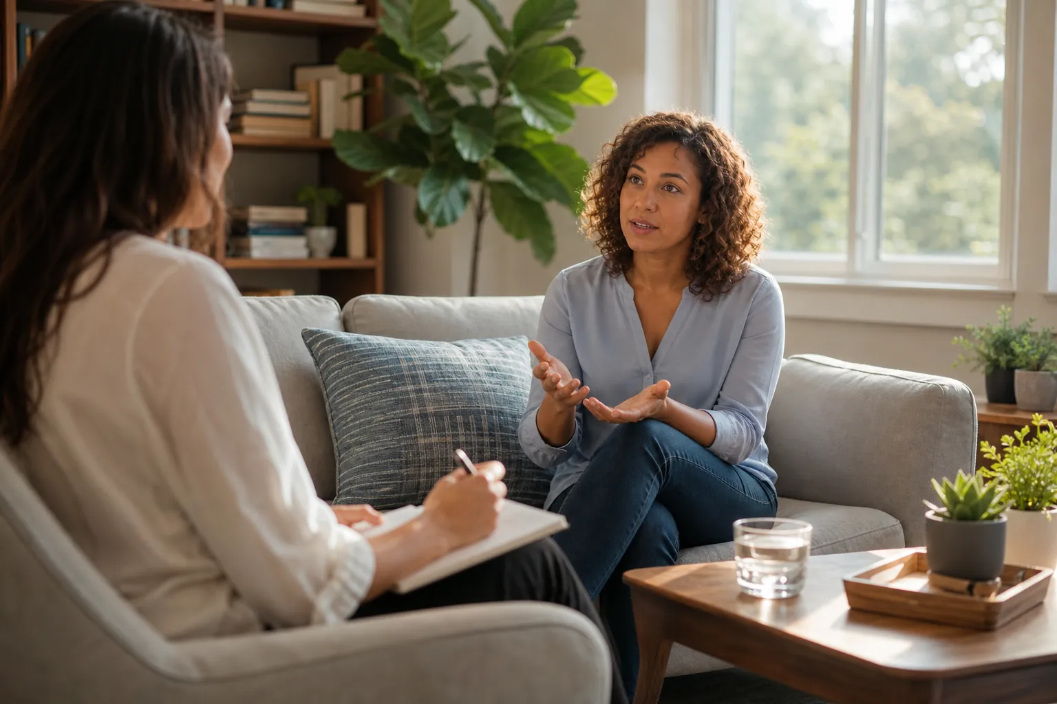 Two women converse in a bright, plant-filled room, one gesturing on a sofa while the other takes notes in an armchair.