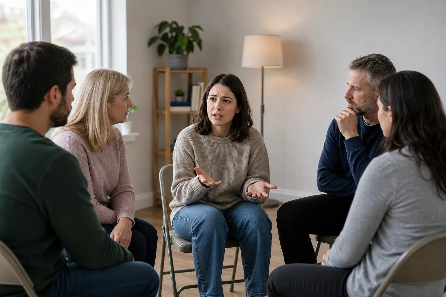 Five adults sit in a circle in a bright room, listening as a woman gestures with open palms during a group discussion.
