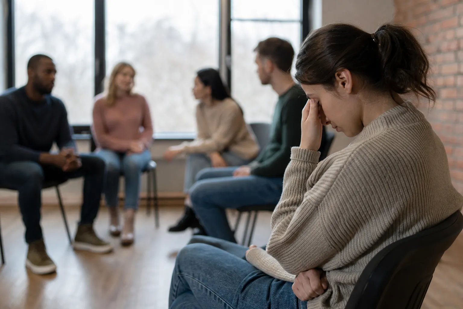 A woman sits apart with her hand pressed to her forehead while four other adults converse in a seated group.