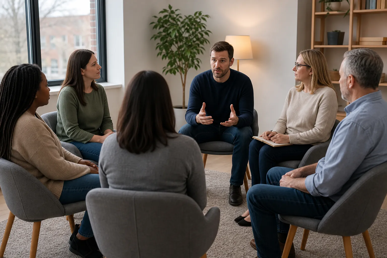 Six adults sit in a circle in a bright room during a group discussion, with a man gesturing and a woman holding a clipboard.