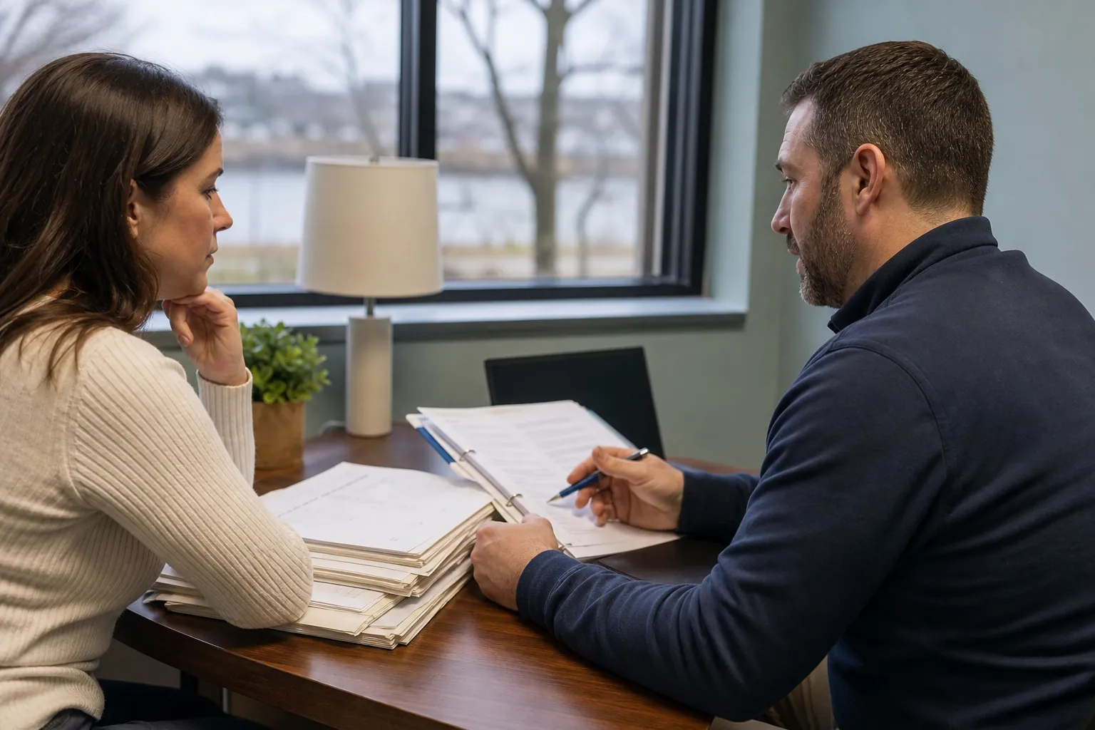 A man holding a pen and a woman review an open binder and stacked paper records at a wooden desk beside a window.