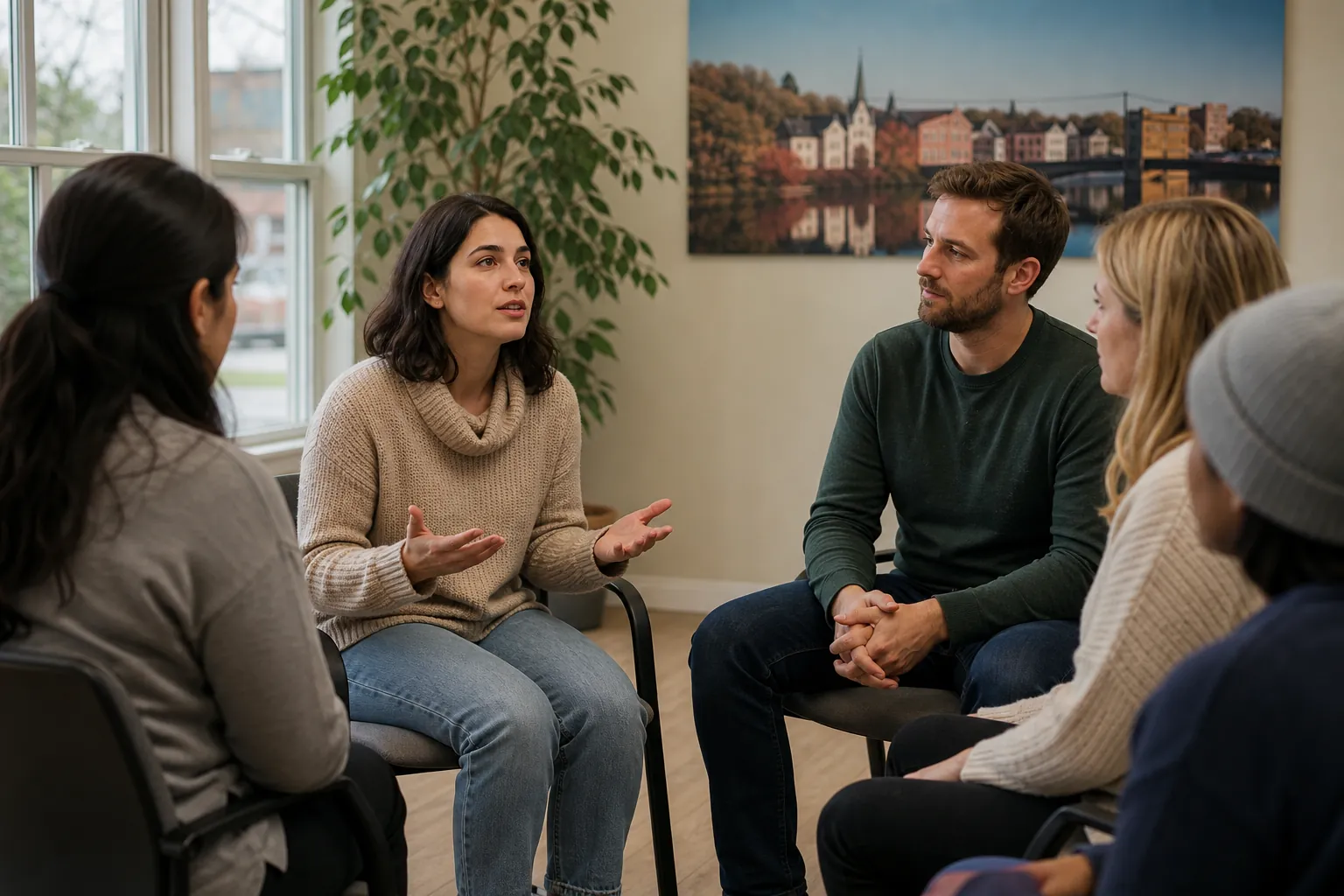 Five adults sit in a circle in a bright room, listening as a woman in a beige sweater gestures during a group discussion.