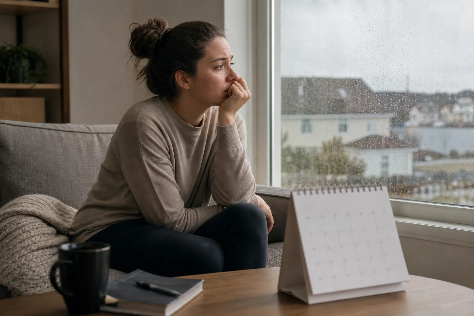 A pensive woman sits on a sofa beside a rain-speckled window, with a desk calendar, notebook, pen and black mug on the table.