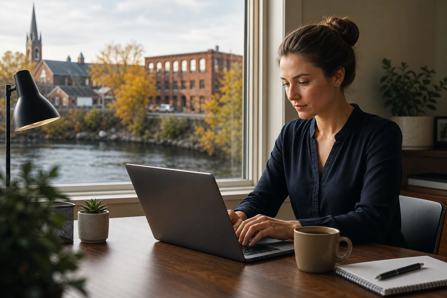 A woman works on a laptop at a wooden desk beside a window overlooking a river, with a mug, notebook, and plants nearby.