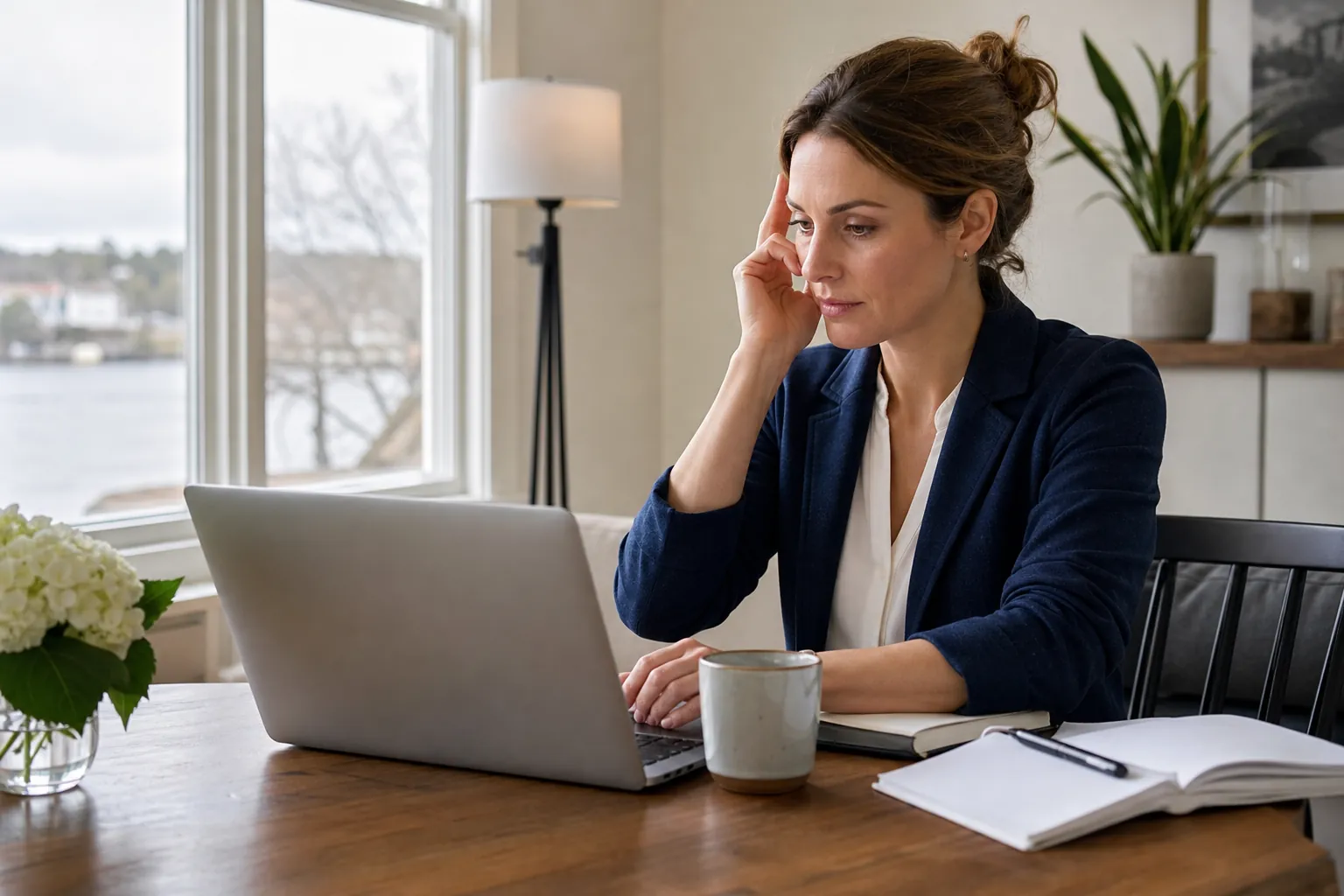 A woman rests a finger against her temple while using a laptop at a wooden table with a mug and open notebook.