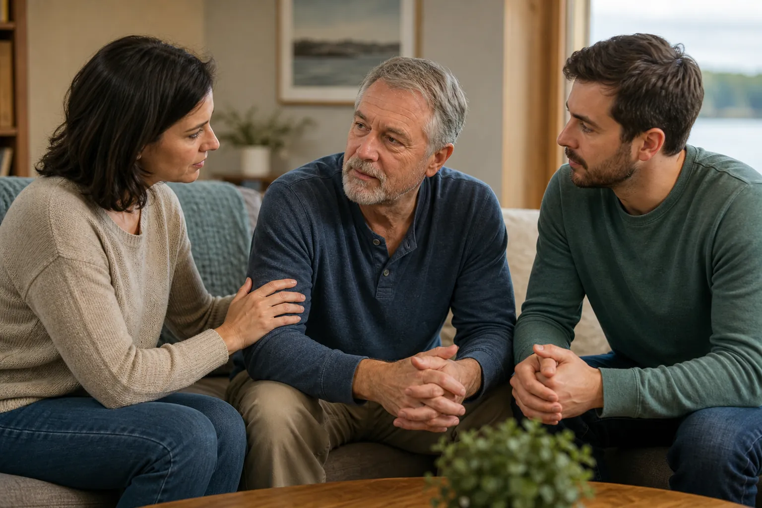 An older man sits on a sofa between two younger adults, with a woman resting her hand on his arm during a supportive conversation.
