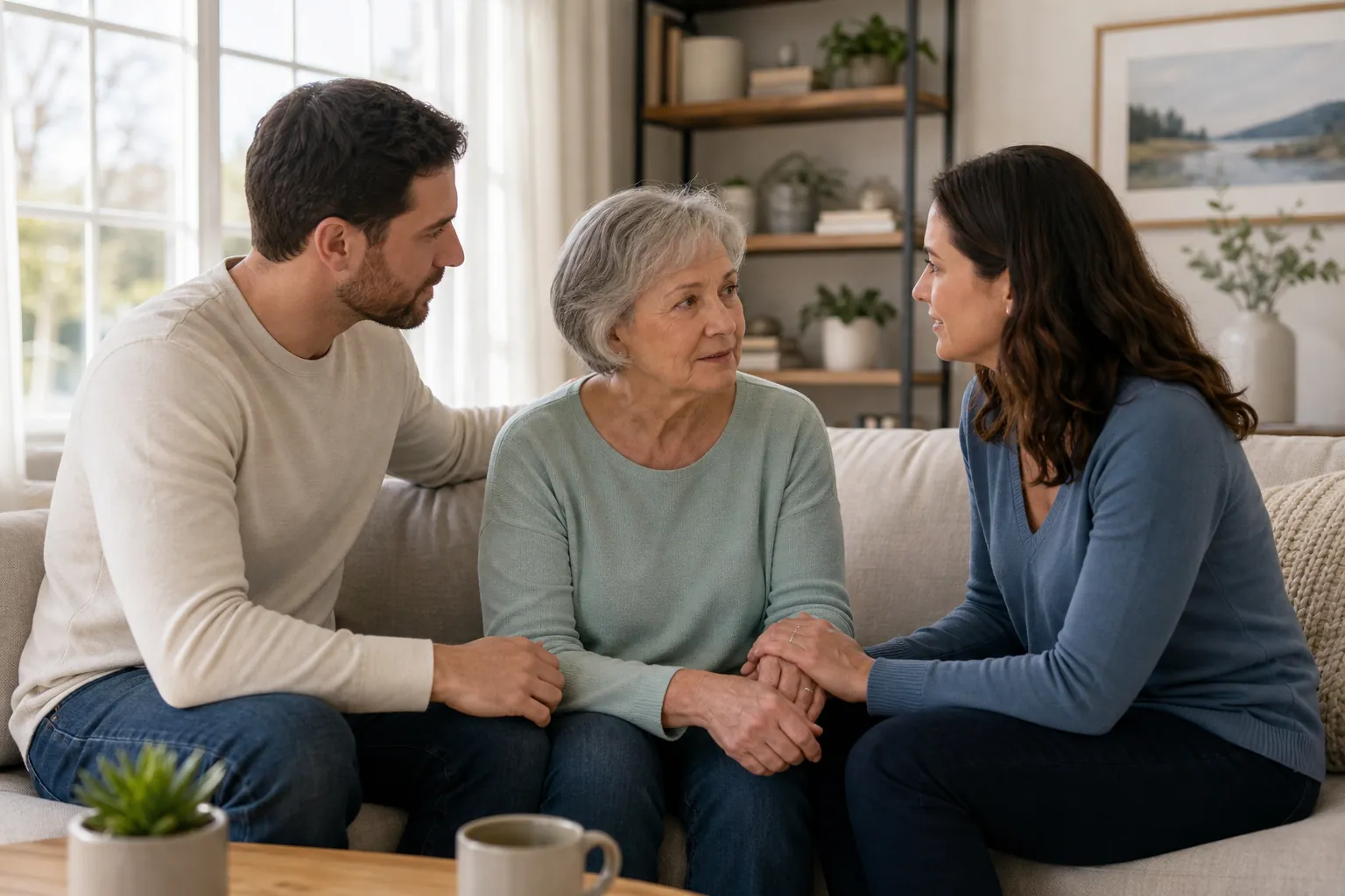 An older woman sits between two younger adults on a sofa, sharing a supportive conversation as the younger woman holds her hand.