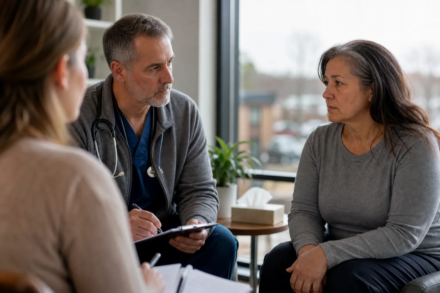 A clinician with a stethoscope holds a clipboard while consulting with a seated woman and another person taking notes.