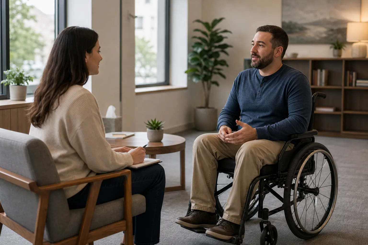 A man in a wheelchair talks with a woman holding a pen and notebook in a bright, comfortably furnished counseling office.