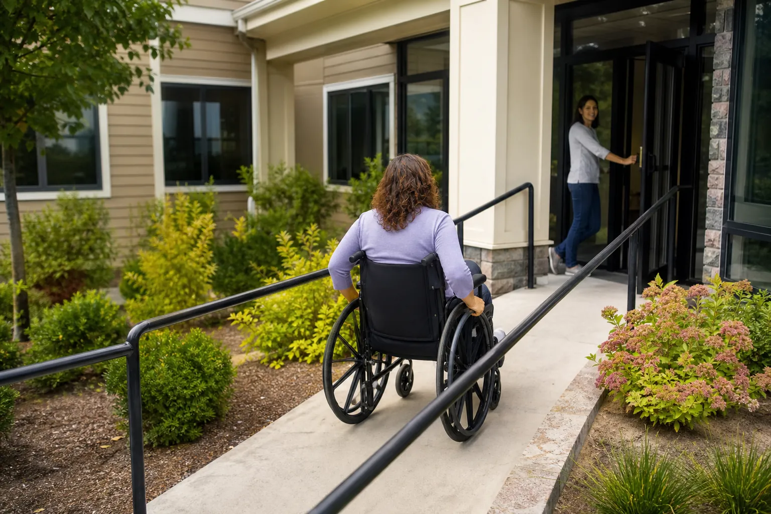 A wheelchair user approaches a building entrance along a concrete ramp with handrails while another woman holds the door open.