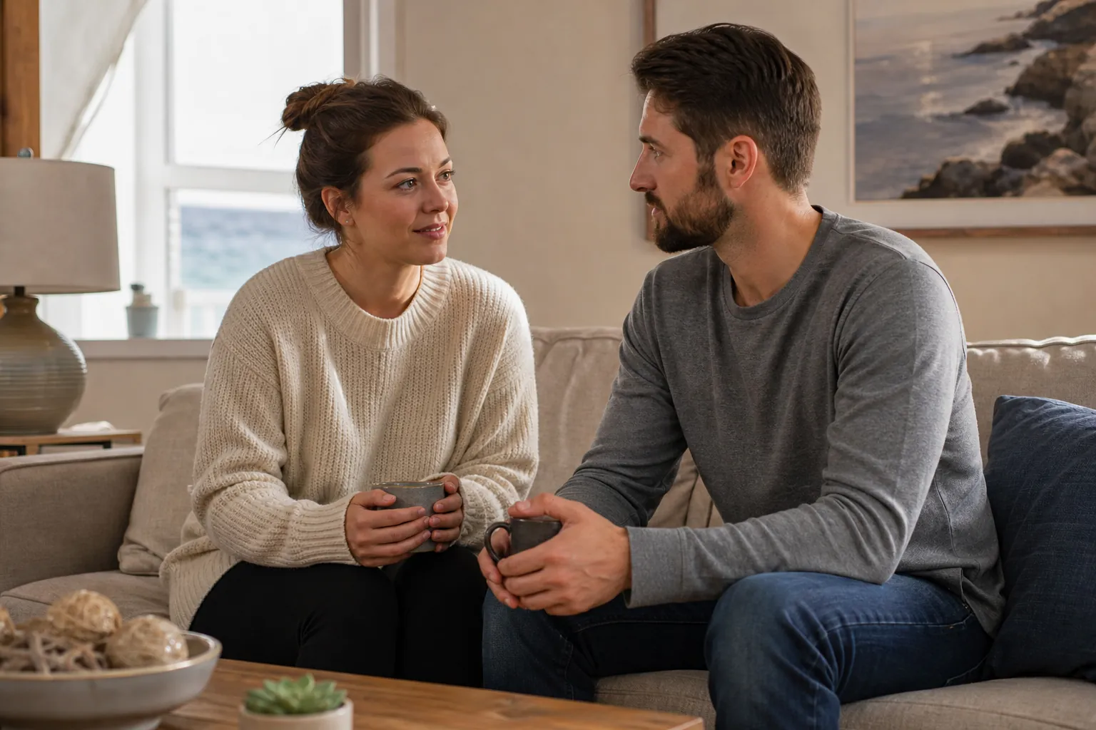 A woman in a cream sweater and a man in a gray shirt sit on a sofa, holding mugs and talking face to face.