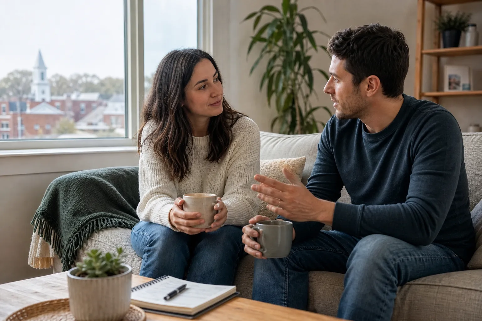 A woman and man sit on a sofa holding mugs and talking, with a notebook and pen on the coffee table beside a potted plant.