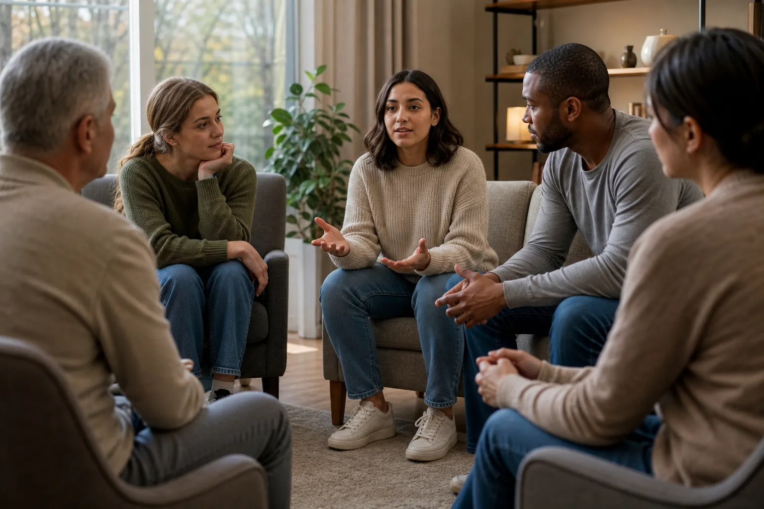 Five adults sit in a circle in a sunlit room, listening as a woman gestures during a supportive group discussion.