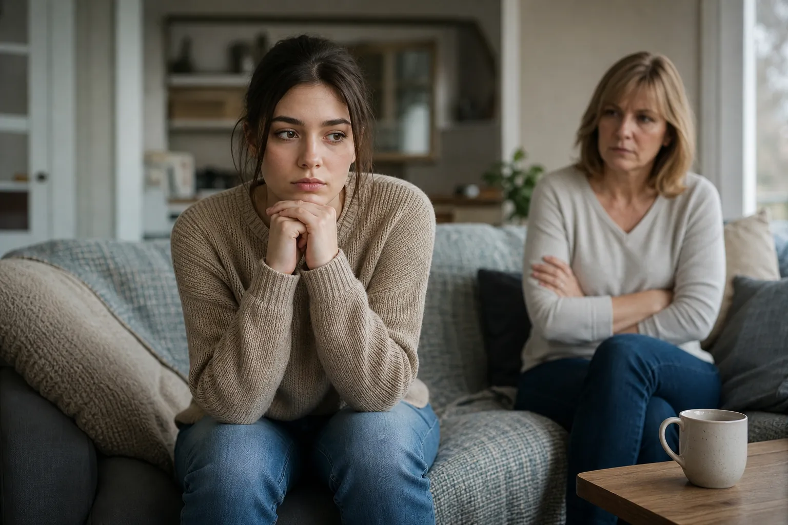 A pensive young woman clasps her hands beneath her chin while an older woman sits behind her with crossed arms on a sofa.