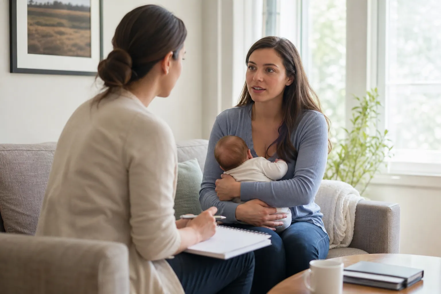 A mother cradles her infant on a sofa while speaking with a woman holding a pen and notebook during a postpartum support session.