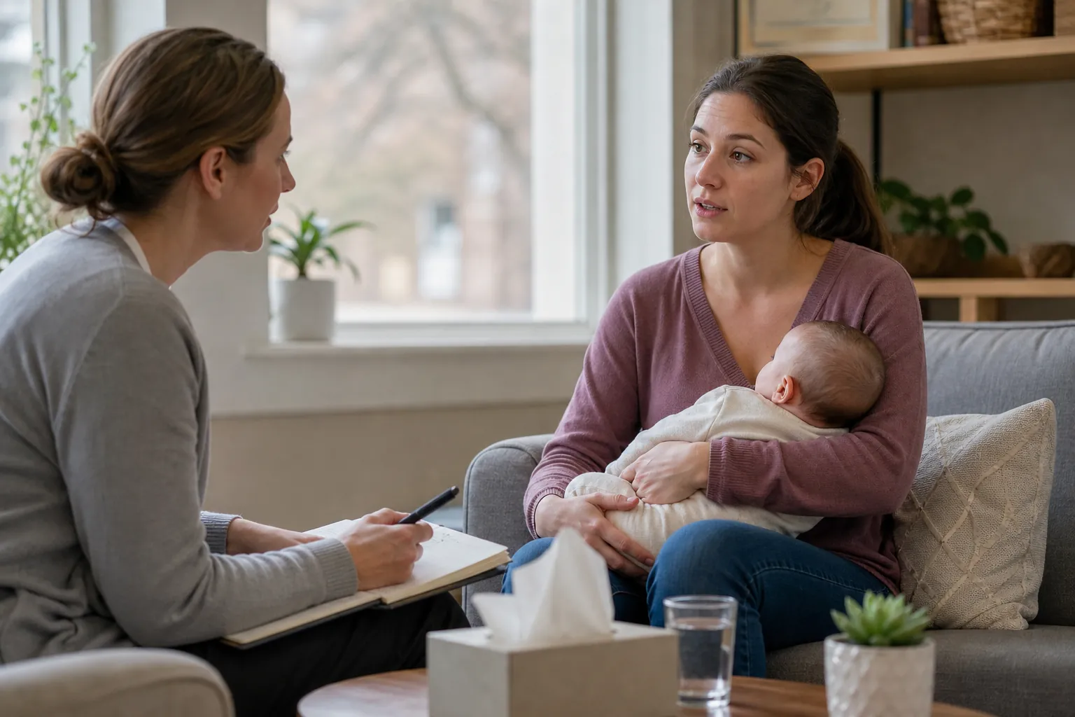A mother cradles her baby on a sofa while talking with a woman holding a pen and notebook in a bright counseling room.