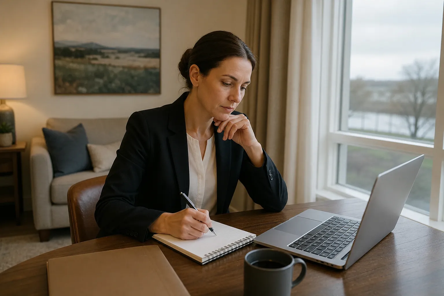 A woman in a black blazer writes in a spiral notebook beside an open laptop and coffee mug at a wooden table.