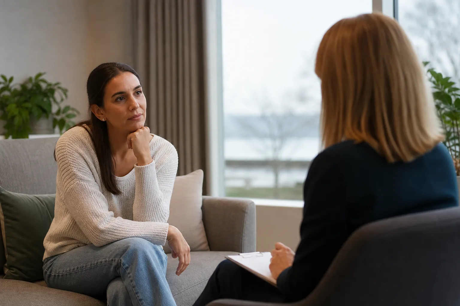A woman sits on a sofa facing another woman holding a clipboard during a private counseling session in a bright office.