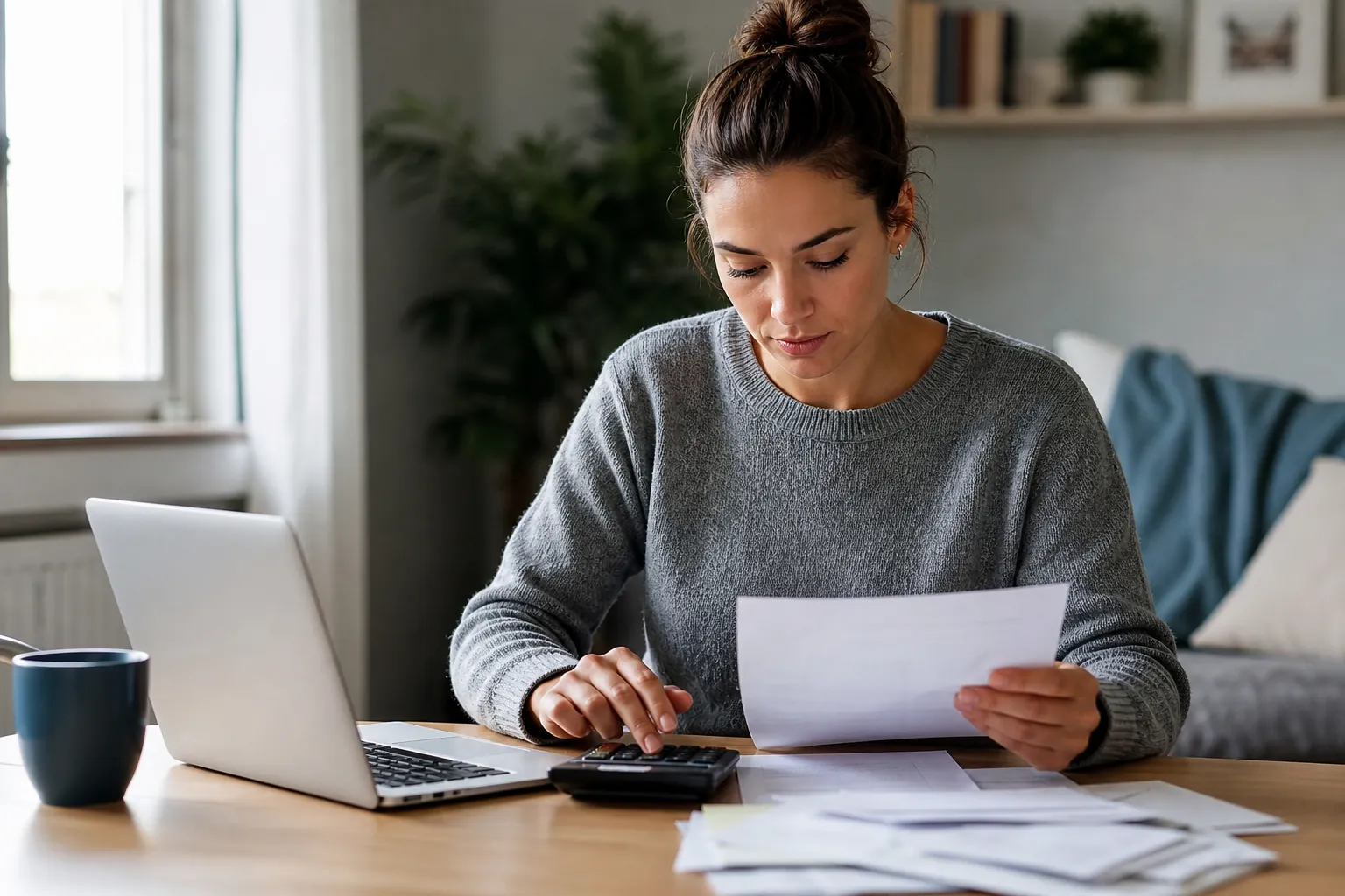 A woman reviews paperwork and uses a calculator at a wooden table beside an open laptop, scattered documents, and a blue mug.
