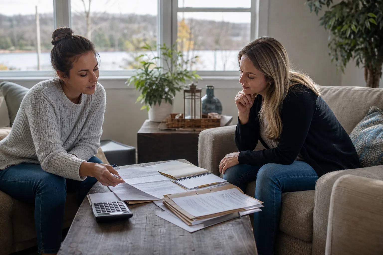 Two women review paperwork beside a calculator and notebook on a coffee table in a bright seating area.