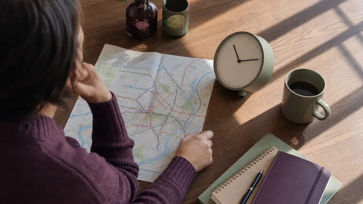 An adult reviewing a map beside an analog clock, illustrating full day treatment / php for lowell, ma