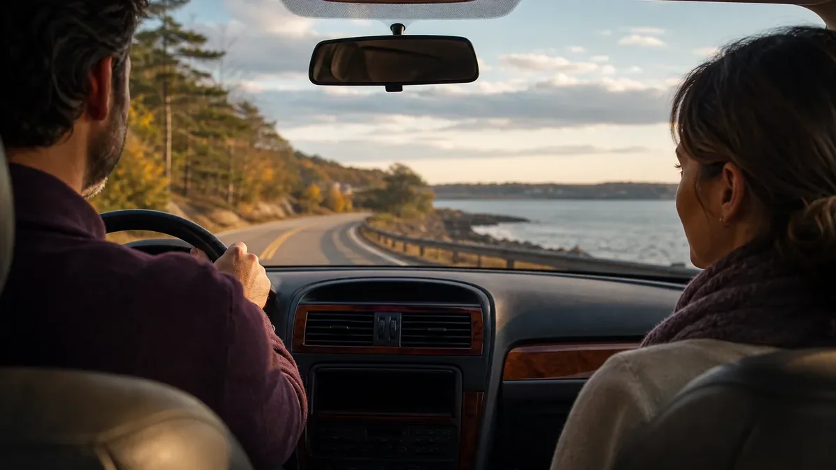 A quiet New England road viewed through a windshield, illustrating full day treatment / php for cambridge, ma