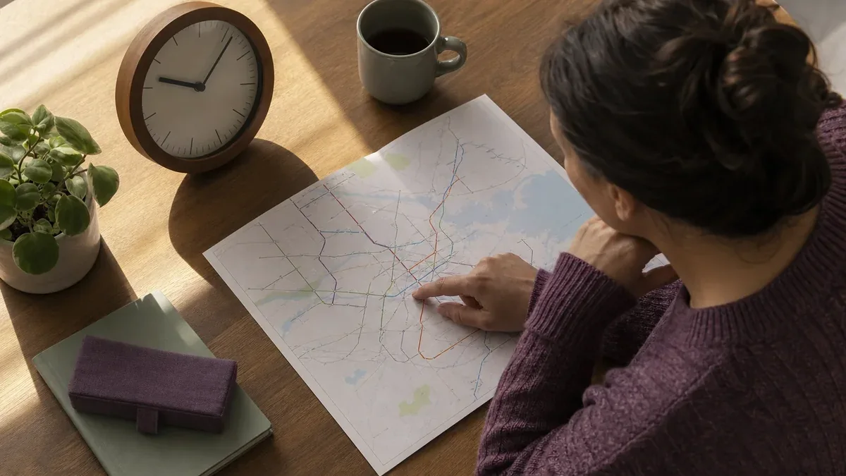 An adult reviewing a map beside an analog clock, illustrating full day treatment / php for brockton, ma