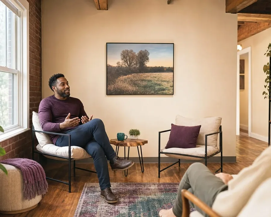 Illustrative adults talking in a softly lit room