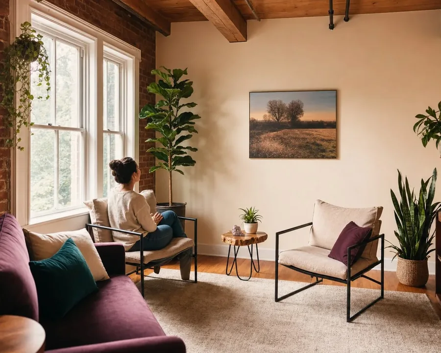 Illustrative adult seated near a window and indoor plants