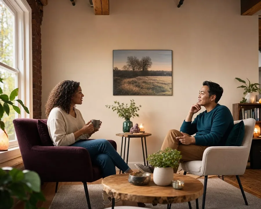 Illustrative adults talking in comfortable chairs Illustrative adults talking in comfortable chairs