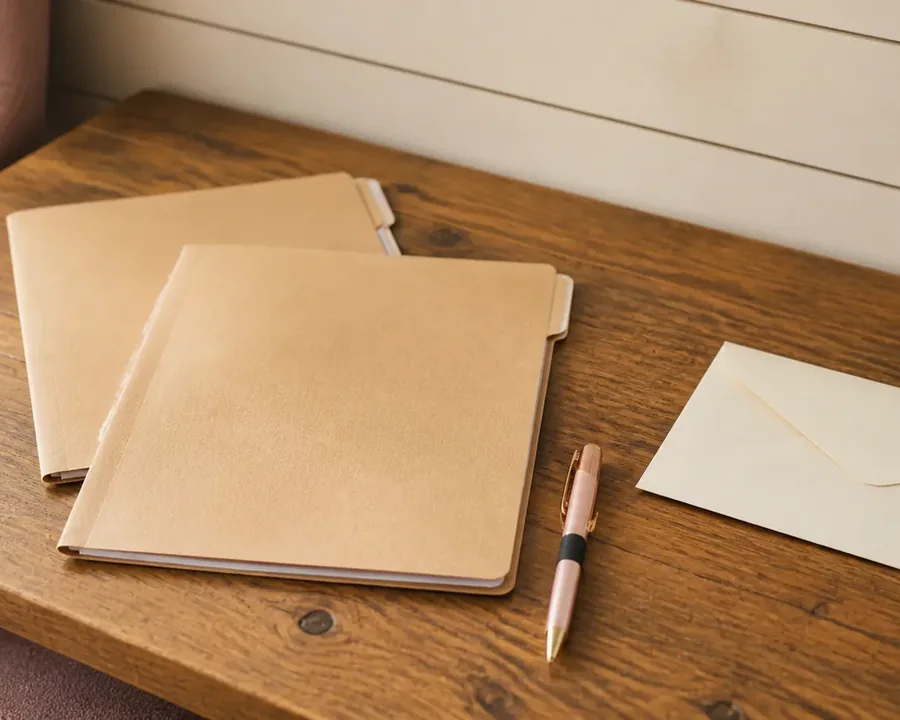 Illustrative plain folders and a closed envelope on a table